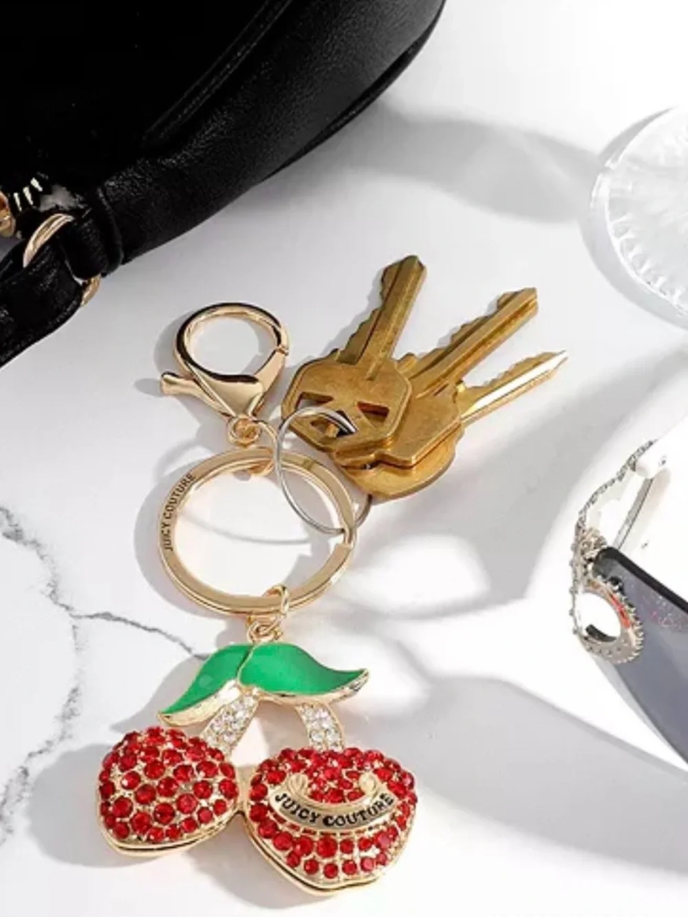 Juicy Couture Red Crystal Cherry Bag Charm Key Ring with Green Enamel Leaves